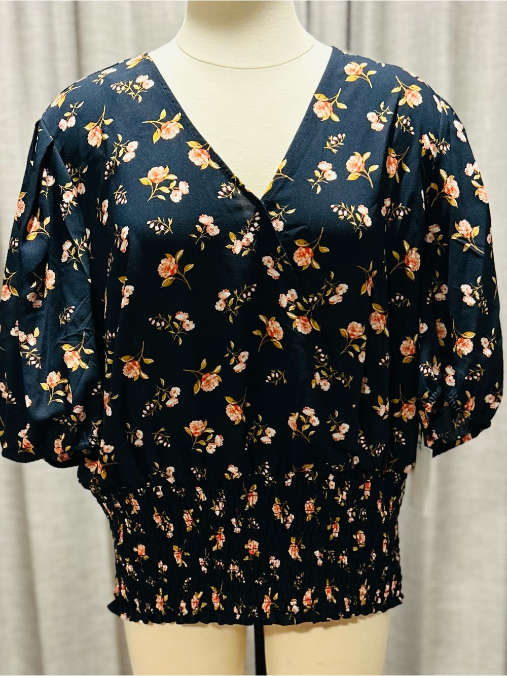 1. State Navy Floral V-Neck Smocked Hem Blouse